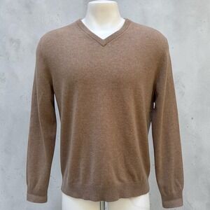 Lands' End V-Neck Sweater L 42-44 Tan 100% Cashmere Solid Knit Preppy Minimalist